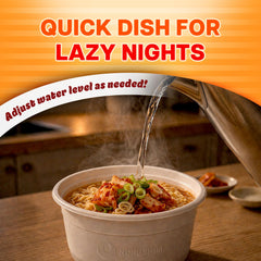 Nongshim kimchi soup poured into a ceramic bowl demonstrating appetizing appearance