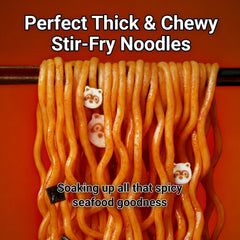 Nongshim Neoguri cooked bowl top view illustrating saucy noodles ready to eat