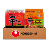 Nongshim 8-pack front view showing both Shin Ramyun and Kimchi variety, clear choice benefit