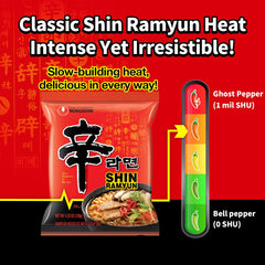 Nongshim Shin Ramyun broth surface detail showing rich red spicy flavor