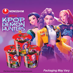 Nongshim cup open with noodles and toppings visible demonstrating convenience and texture