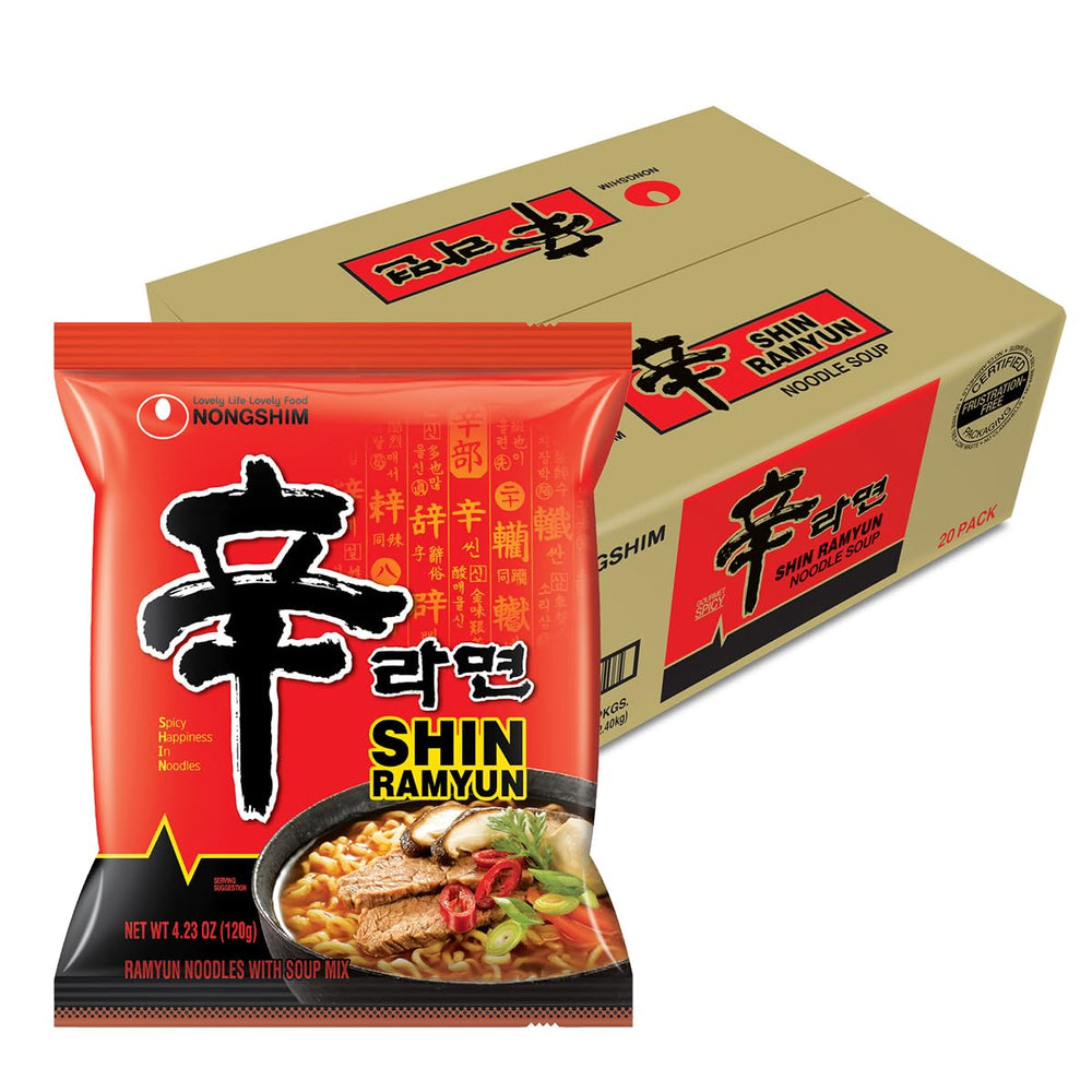 Nongshim Shin Ramyun front packaging showing brand and spicy noodle appeal