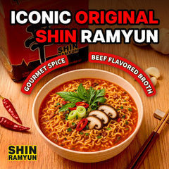 Nongshim Shin Toomba plated stir-fry noodles showcasing creamy spicy sauce
