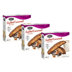 Nonni's box front showing salted caramel biscotti and branding, highlights flavor