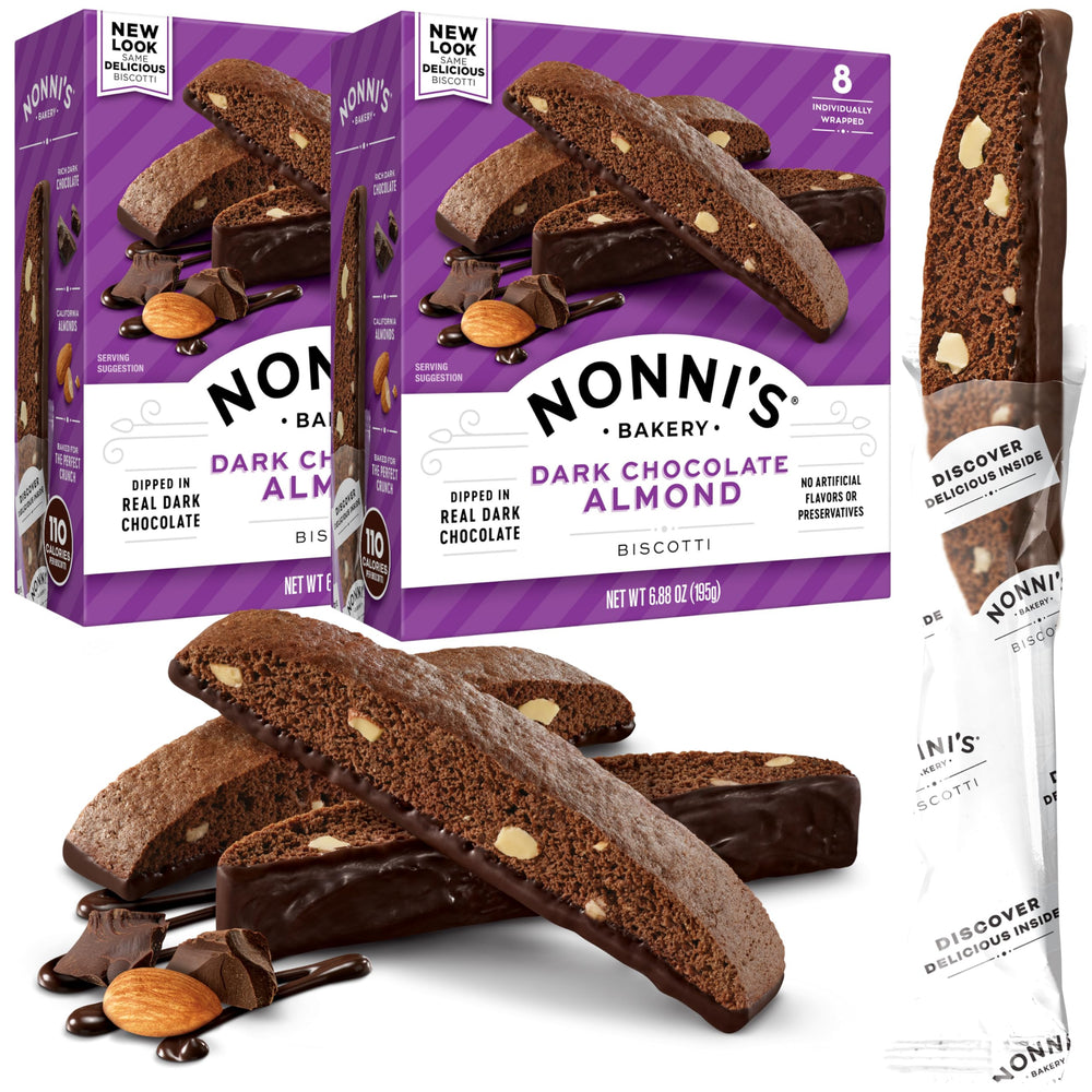 Nonni's front packaging showing dark chocolate almond biscotti and branding, great for gifting