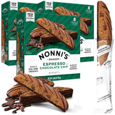 Nonni's front packaging showing espresso chocolate chip biscotti and three boxes