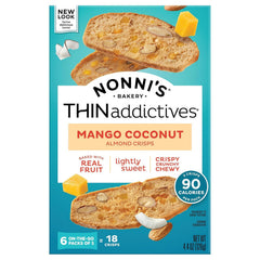 Nonni's front box showing mango coconut almond thins and benefits of portability