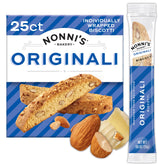 Nonni's box front showing 25-count biscotti, highlights shareable value