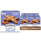 Nonni's front box showing turtle pecan biscotti and branding benefits freshness