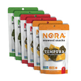 NORA front packaging showing six single-serve seaweed bags and variety benefits