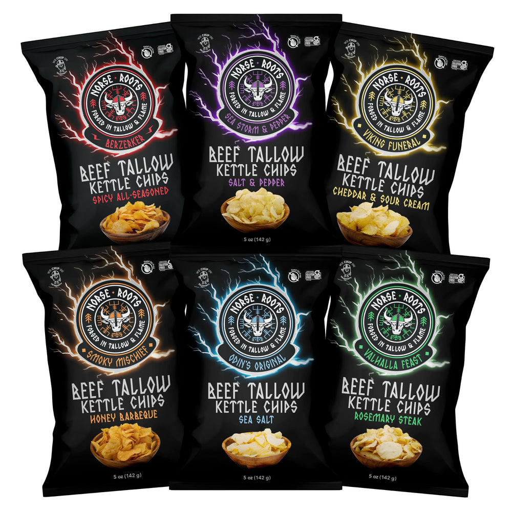 Norse Roots front pack showing six-flavor variety, clear labeling and convenience