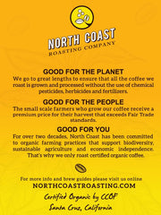 North Coast Roasting Company whole beans beside measuring cup showing 12 ounce scale