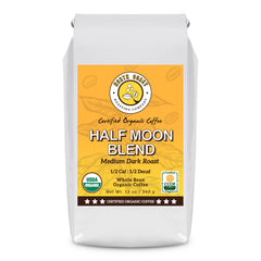 North Coast Roasting Company front bag showing organic half caff branding and benefits