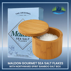 NORTHWARD SPIRIT Maldon sea salt 8.5 oz bag spilling flakes to show generous supply
