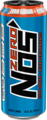 NOS Zero Sugar pouring into glass with foam, showing brand and refreshing taste benefit