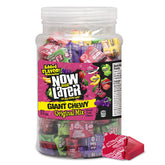 Now and Later tub front view showing colorful packaging and easy access