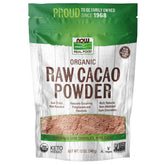 NOW Foods front packaging showing organic cacao powder and product benefits