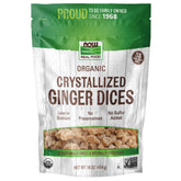 NOW Foods front packaging showing organic crystallized ginger, clear label and size