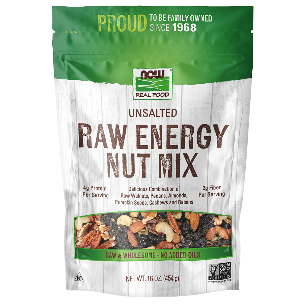 NOW Foods front packaging showing the raw energy nut mix and clear ingredients benefit convenience