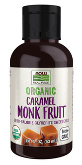 NOW Foods bottle front label showing organic monk fruit caramel benefits