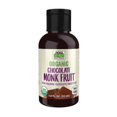 NOW Foods front packaging showing chocolate monk fruit bottle and benefits