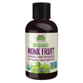 NOW Foods monk fruit front bottle showing size and amber glass, convenient dosing