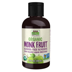 NOW Foods monk fruit front bottle showing size and amber glass, convenient dosing