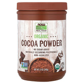 NOW Foods organic cocoa powder front packaging showing size and organic label and ingredient clarity