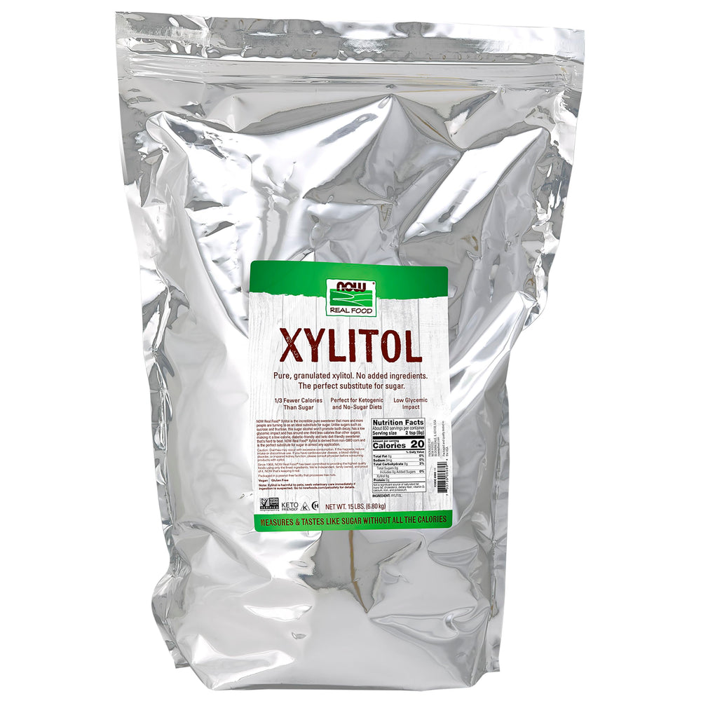 NOW Foods xylitol front packaging showing brand and 15-pound bag, convenient bulk supply
