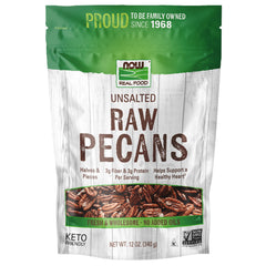 NOW Real Food pecans front packaging showing unsalted halves and pieces, ideal for snacking