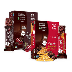 NuGo Dark front box showing Pretzel & Cherry flavor and 24-count convenience