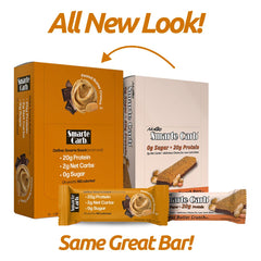 NuGo Smarte Carb peanut crunch bar unwrapped showing chocolate and peanut layers