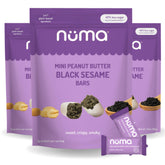 Numa front packaging showing mini peanut butter black sesame bars and brand appeal