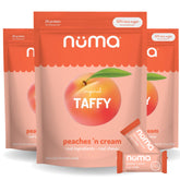 Numa front packaging showing three-bag pack and peach chews benefit convenient snacking