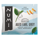 Numi aged Earl Grey front box showing 100 tea bags and organic label benefit