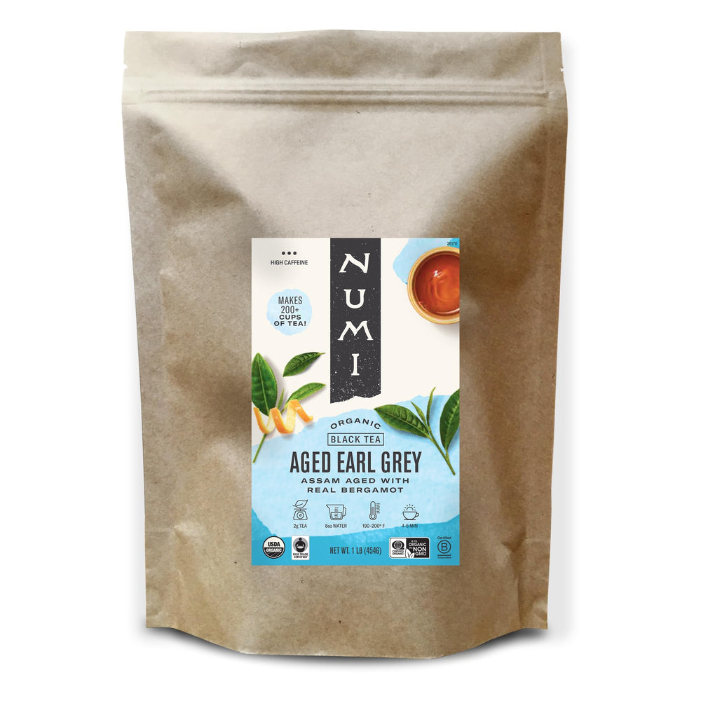 Numi pouch front view showing organic label and bulk 1 lb benefit