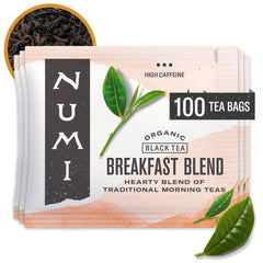 Numi front packaging showing Breakfast Blend and certifications, highlights organic benefit