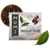 Numi front box showing 100-count high-caffeine tea and organic label for visible benefits