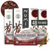 Numi front packaging showing chocolate rooibos box and benefits