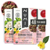 Numi front packaging showing organic damiana focus tea benefits
