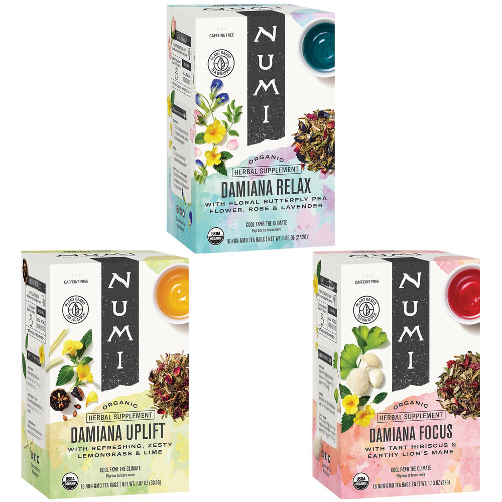 Numi damiana variety pack front packaging showing three blend labels and organic seal