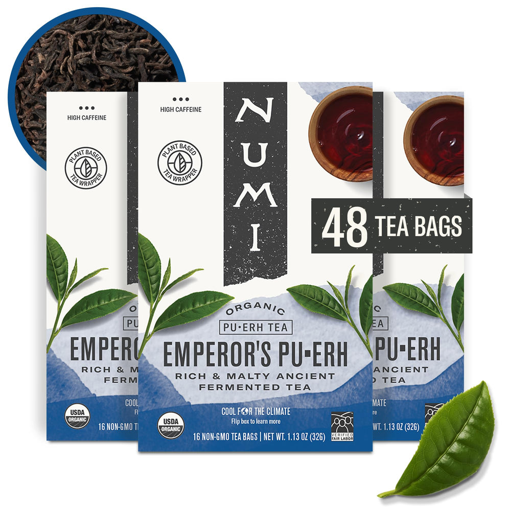 Numi Emperor's Pu-erh front box showing organic dark tea packaging and convenience