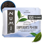 Numi front packaging showing 100 tea bags and organic labeling for responsible sourcing