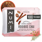 Numi front box showing organic rooibos chai and certification benefits