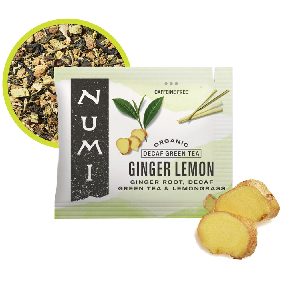 Numi front packaging showing organic ginger lemon decaf and benefits