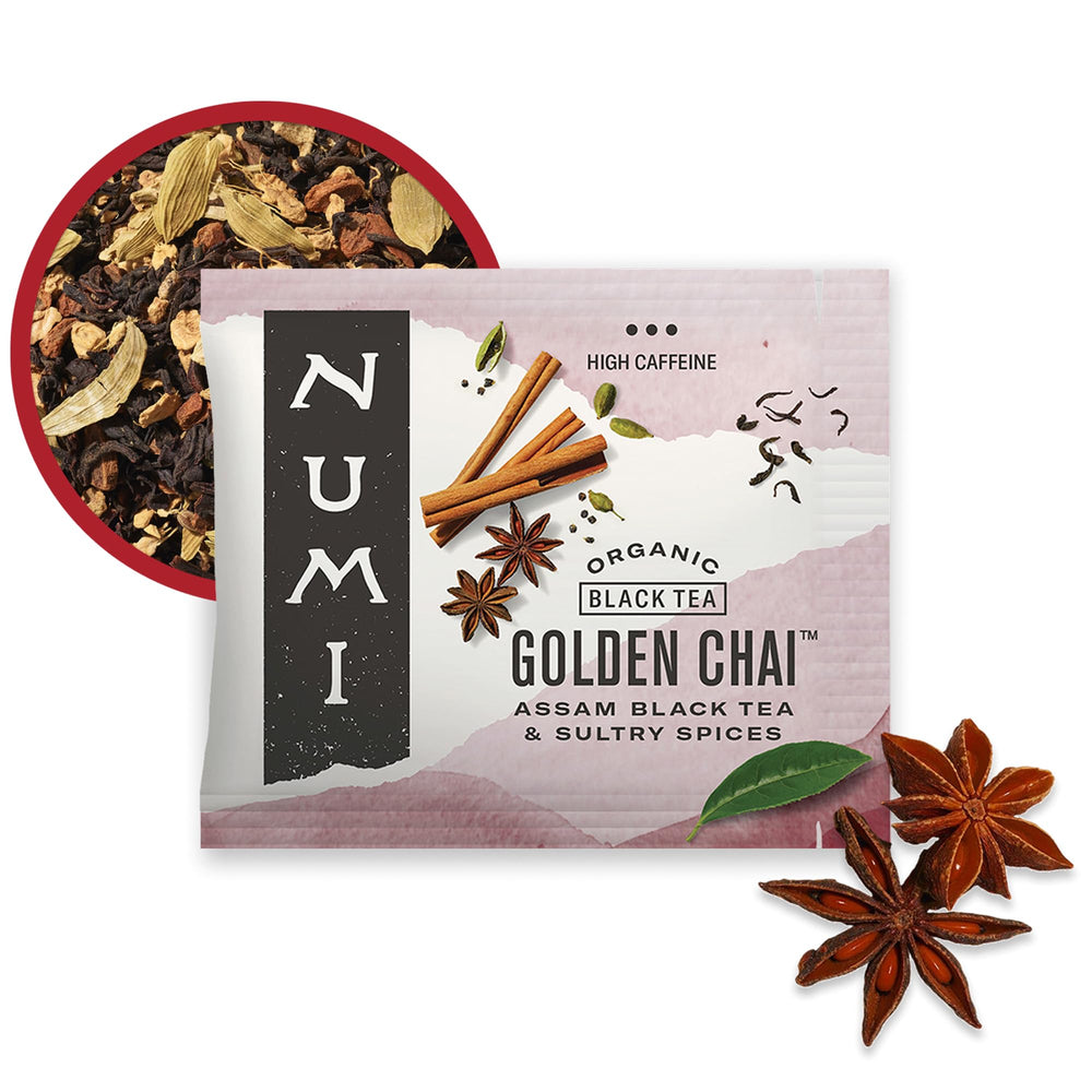 Numi golden chai front packaging highlighting organic and Fair Trade benefits