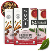 Numi golden chai front packaging showing 54 tea bags and brand benefit