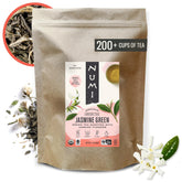 Numi front pouch showing organic jasmine green tea and packaging benefits