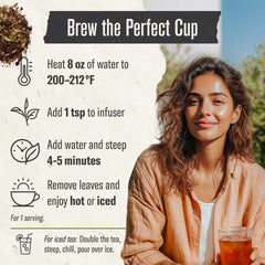 Brewed cup of Numi rooibos chai steaming, showcasing inviting aroma and warmth