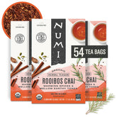 Numi rooibos chai front packaging showing organic label and count benefits